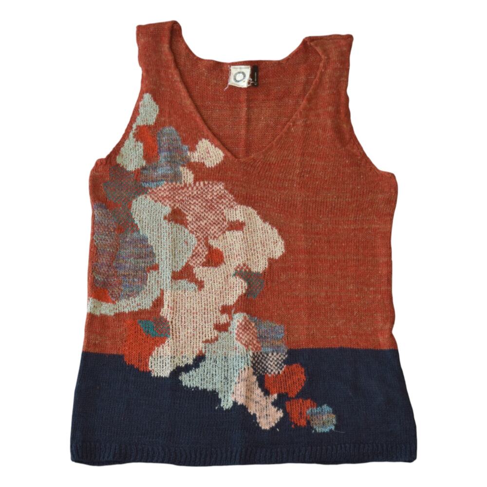 EUC Anthropologie Rust Orange and Navy Floral Intarsia V-Neck Tank XS